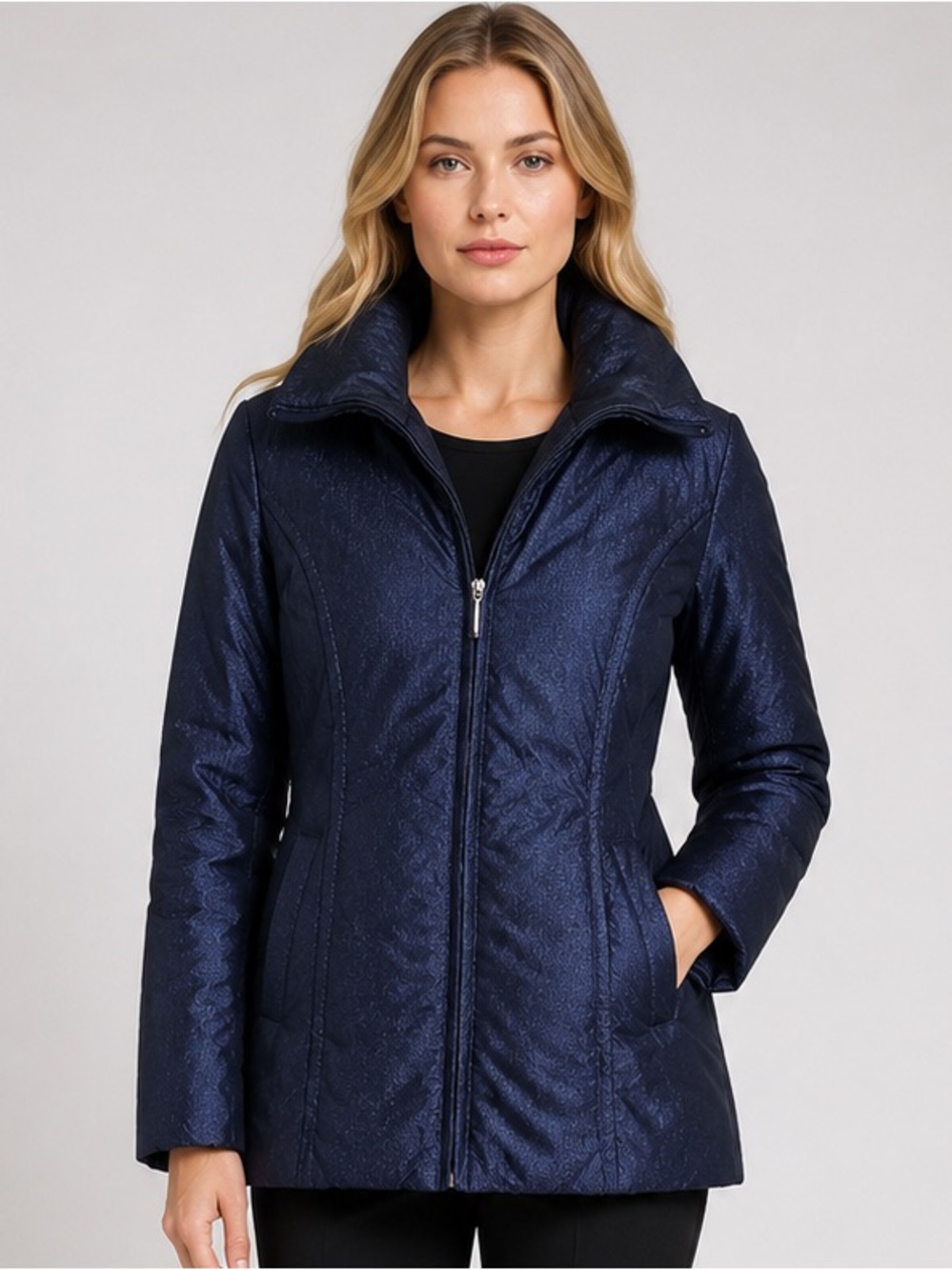 Via Spiga Puffer Jacket Medium Navy Blue 70% Down Full Zip Coat Warm Women Solid